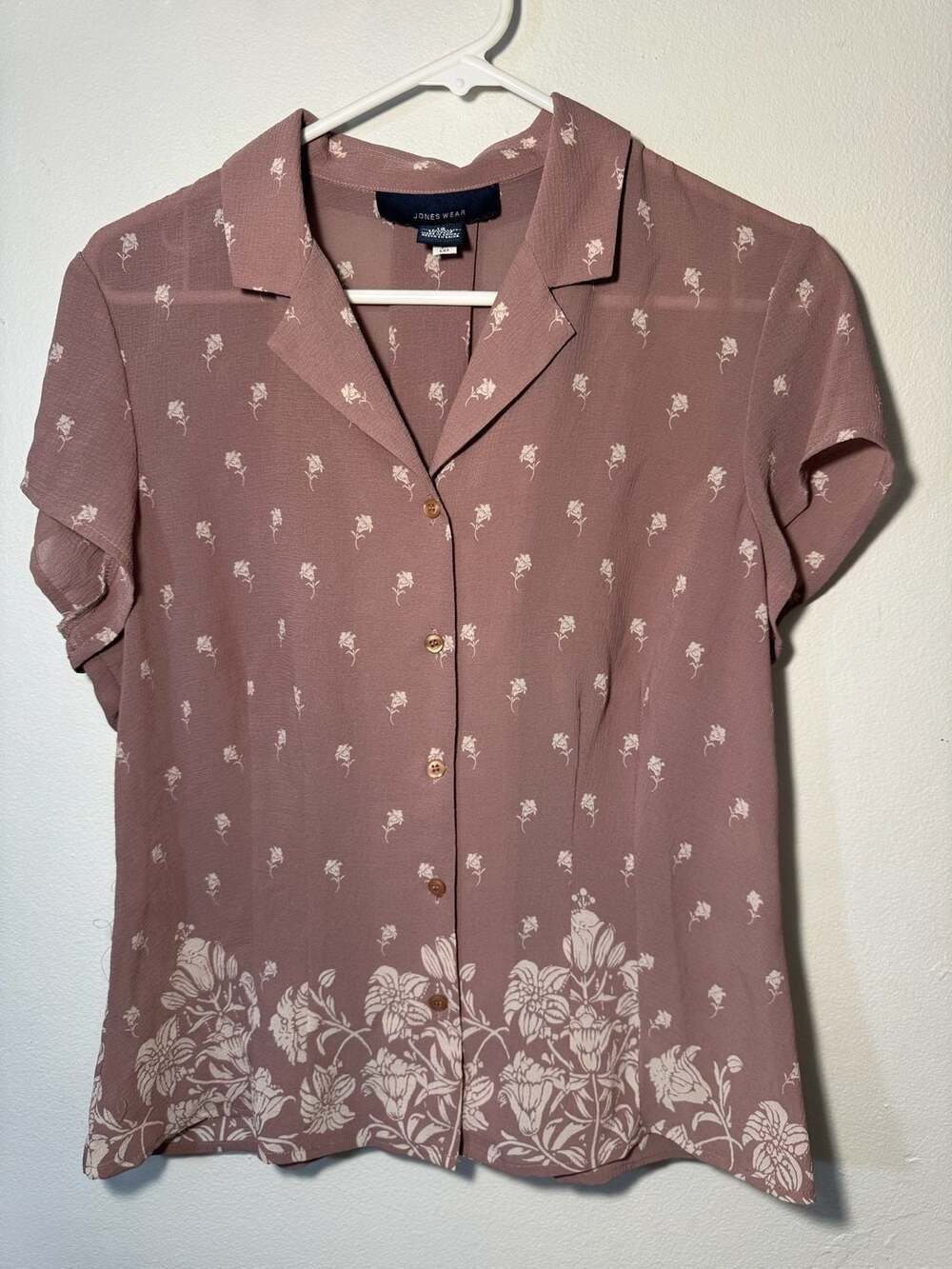 Jones Wear Floral Print Button-Down Shirt Short Sleeve Blouse Mauve Size 12 - Picture 6 of 6